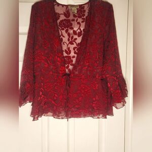 Notations L Red Burgundy 3/4Slv Sheer Embroidery OpenFront Women Cardigan Blouse